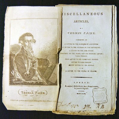 Frontespizio di articoli vari di Thomas Paine, pubblicato nel 1791 da American School
